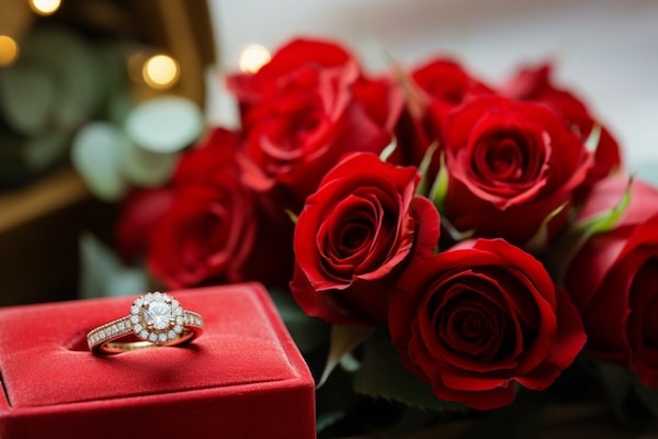 Une bague en diamants posée sur un coussin rouge et un bouquet de roses rouges - la stratégie de marque de la De Beers